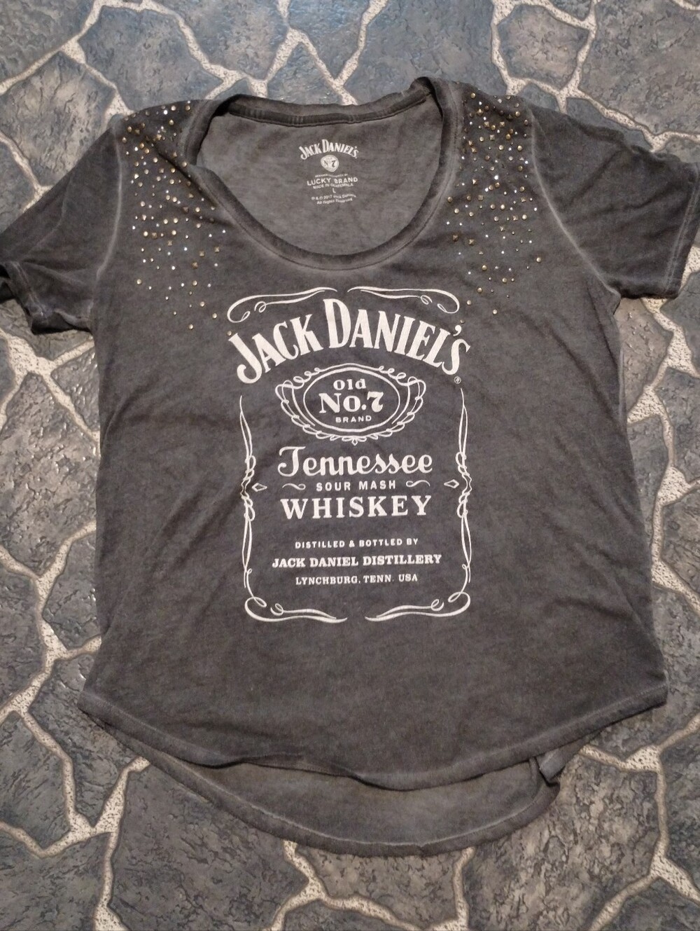 Jack Daniels Lucky Brand women's v neck tshirt embellished rhinestones size L